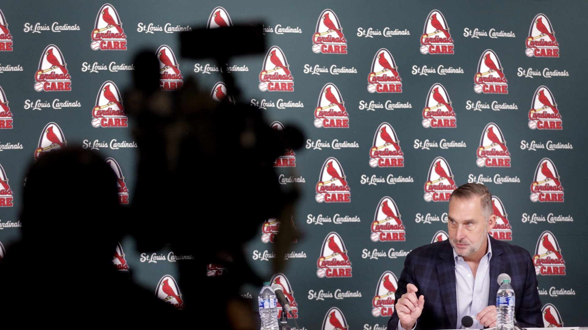 St. Louis Cardinals President of Baseball Operations John “Mo” Mozeliak talks to the press